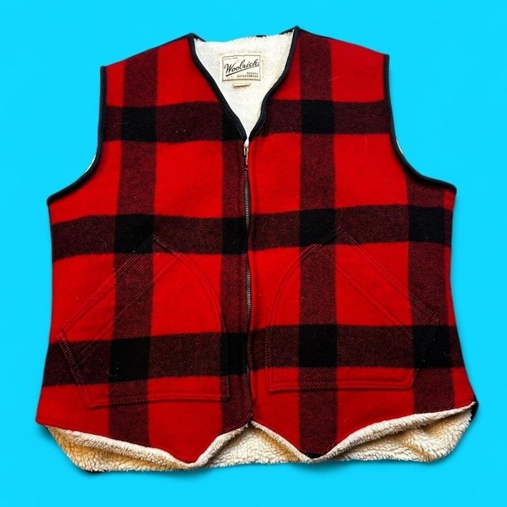 Vintage Woolrich Vest Mens‎  Red Black Buffalo Plaid Sherpa USA Gilet large